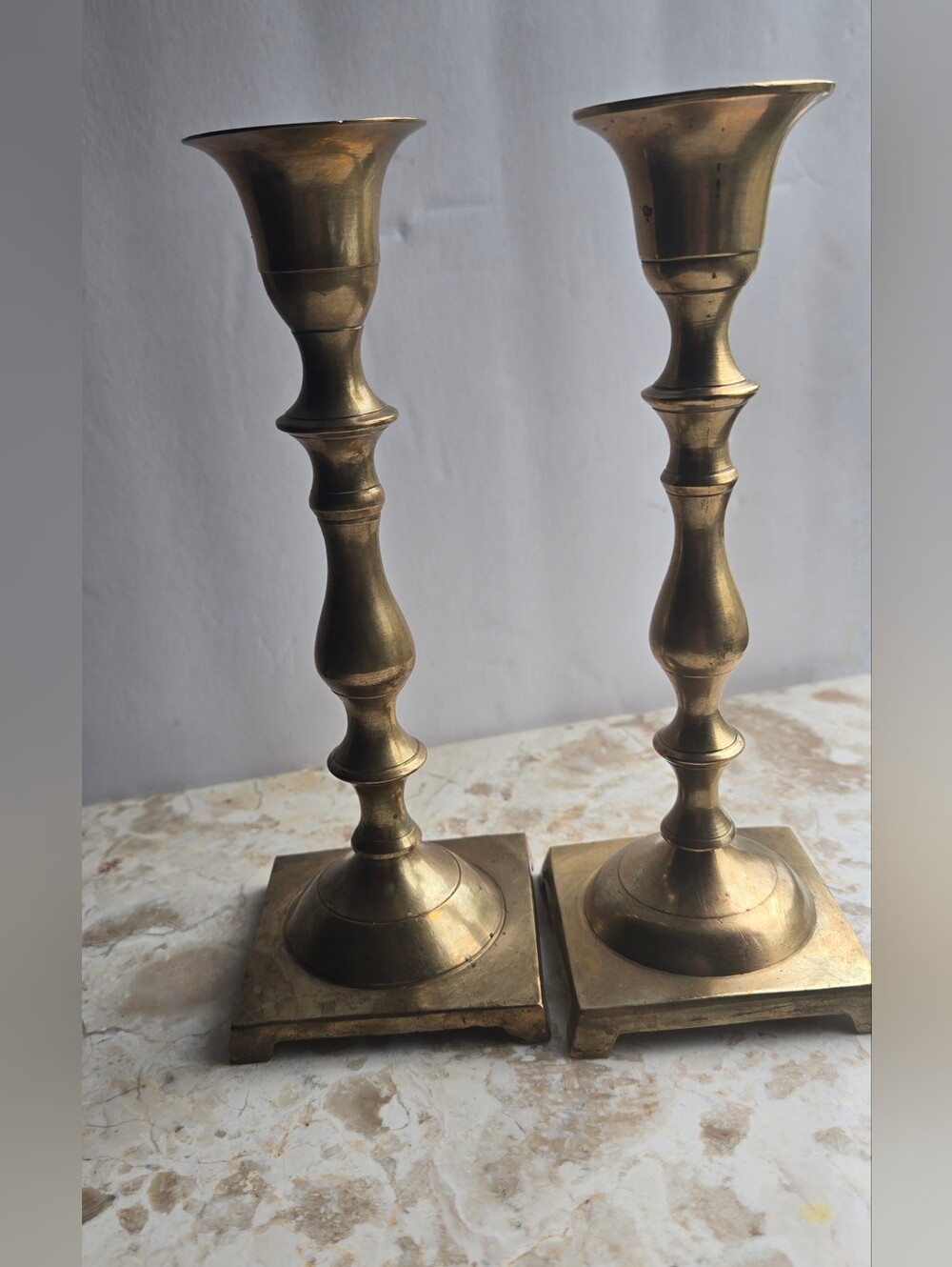 Vintage Solid Brass Candlestick Holders Pair - Square Base Made in India